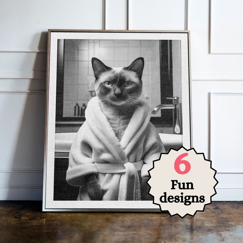 Siamese Cat in the Bathroom Print B&W