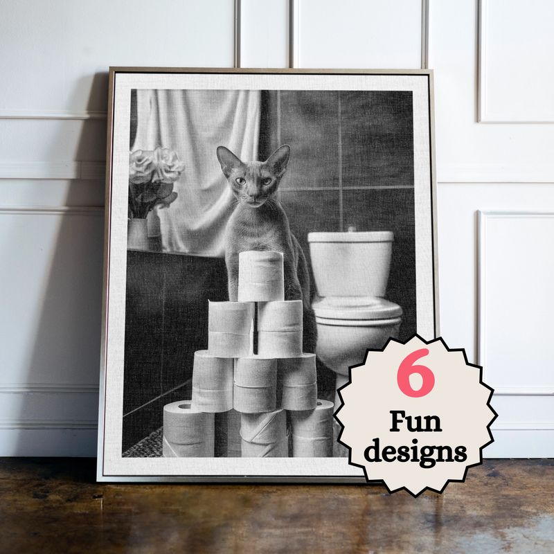Oriental Shorthair Cat in the Bathroom Print B&W