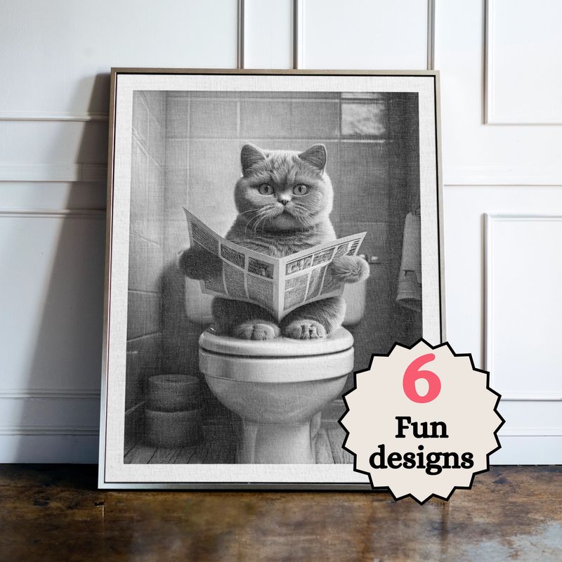 British Shorthair Cat in the Bathroom Print B&W