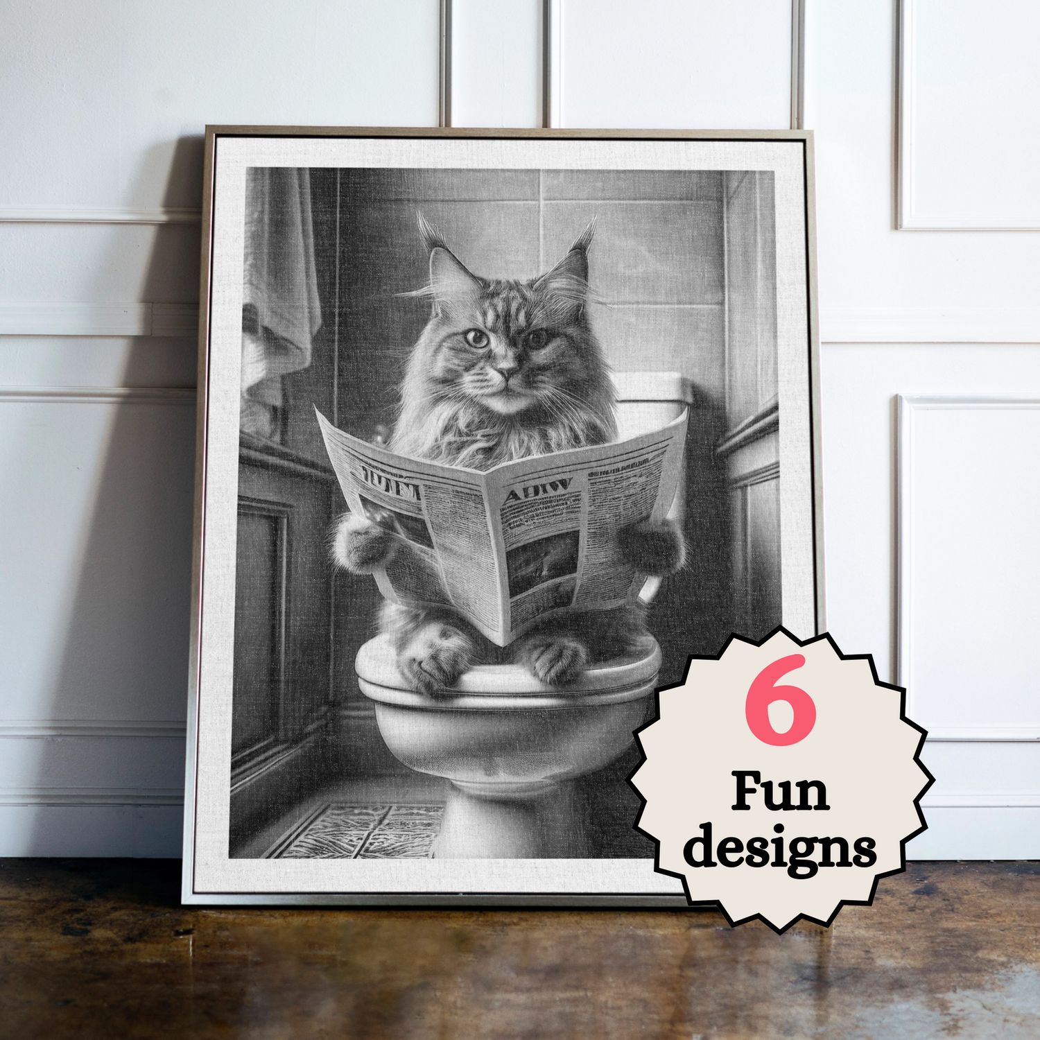 Maine Coon Cat in the Bathroom Print B&W Maine Coon Cat in the Bathroom Print B&W