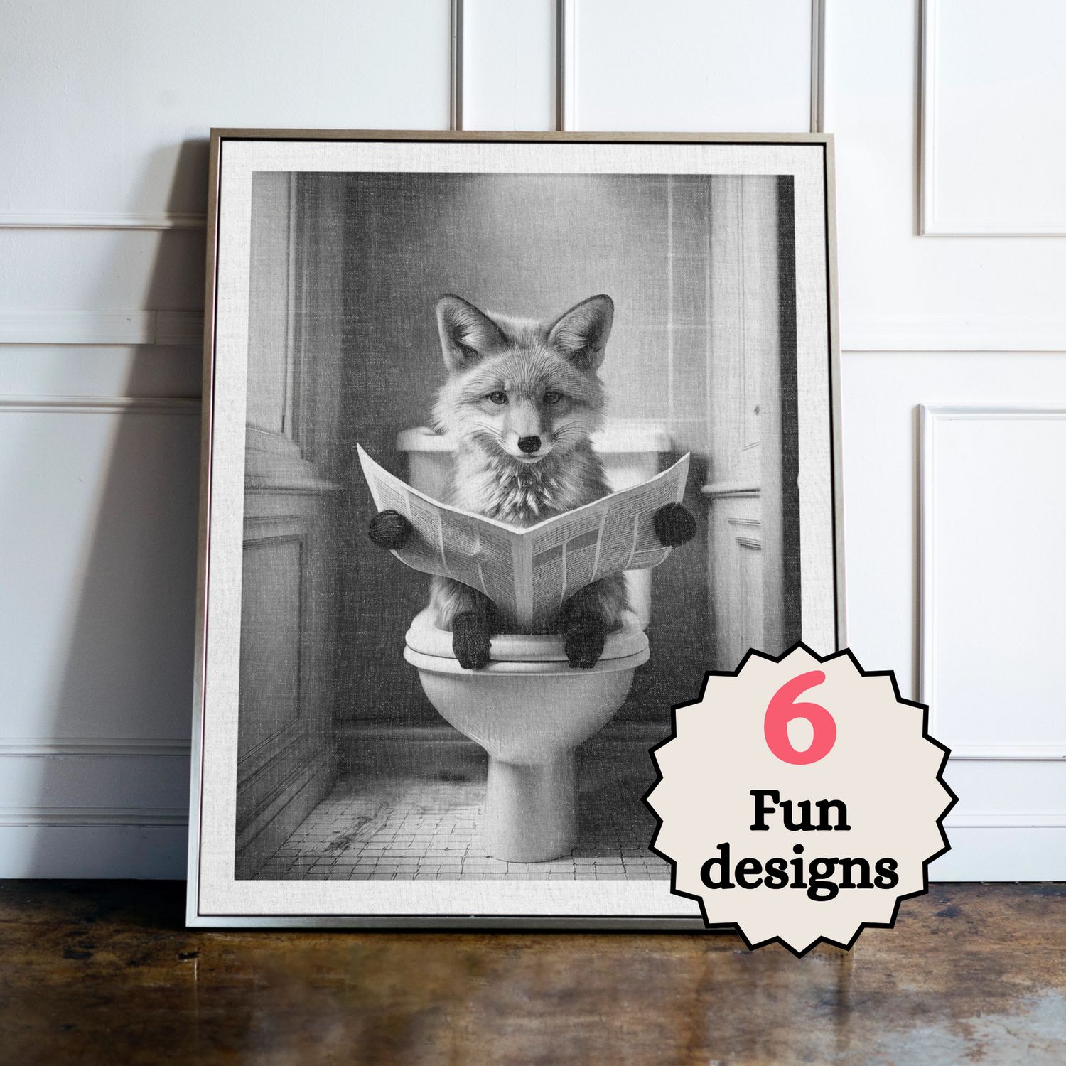 Fox in the Bathroom Print B&W