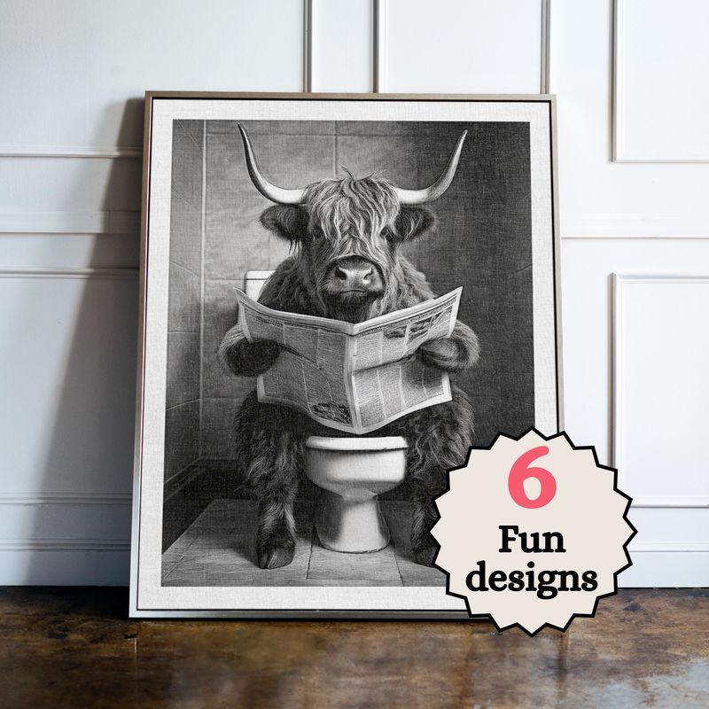 Highland Cow in the Bathroom Print B&W