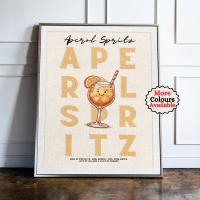 Aperol Spritz Cocktail Print Aperol Spritz print, orange cocktail wall art with illustrated drink and recipe, kitchen bar decor poster