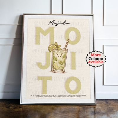 Mojito print, mint and lime cocktail wall art with illustrated drink and recipe, kitchen bar decor poster