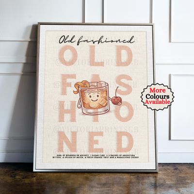 Old Fashioned Cocktail Print Old Fashioned cocktail print, cocktail wall art with illustrated drink and recipe, kitchen bar decor poster