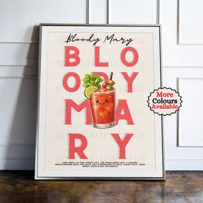 Bloody Mary Cocktail Print Bloody Mary cocktail print, red cocktail wall art with illustrated drink and recipe, kitchen bar decor poster