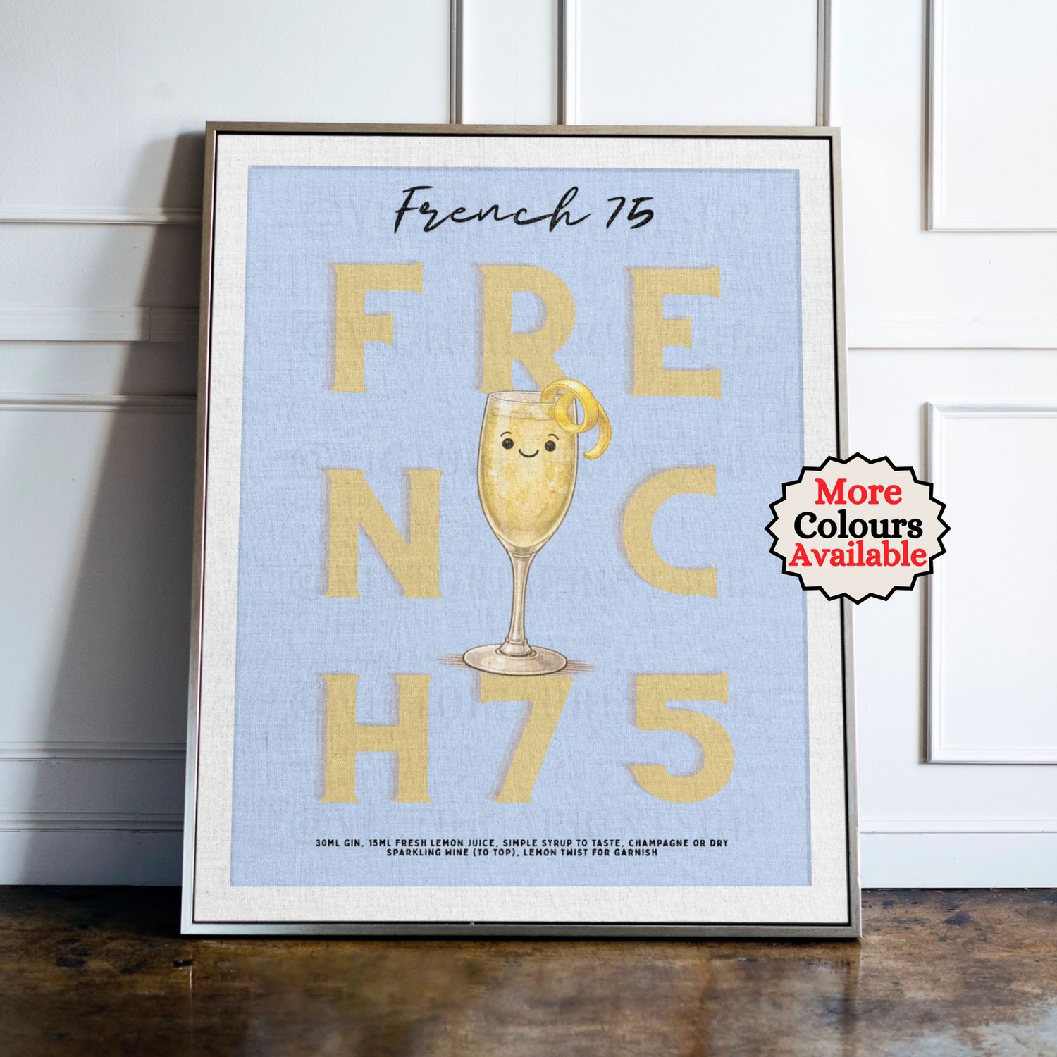 French 75 Cocktail Print French 75 cocktail print, Lemon cocktail wall art with illustrated drink and recipe, kitchen bar decor poster