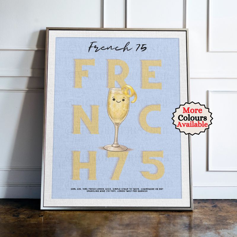 French 75 cocktail print, Lemon cocktail wall art with illustrated drink and recipe, kitchen bar decor poster
