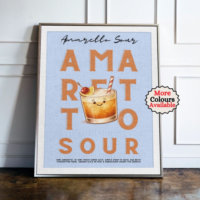 Amaretto Sour cocktail print, cherry cocktail wall art with illustrated drink and recipe, kitchen bar decor poster