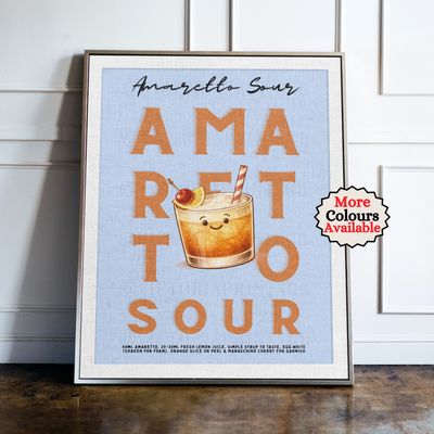 Amaretto Sour Cocktail Print Amaretto Sour cocktail print, cherry cocktail wall art with illustrated drink and recipe, kitchen bar decor poster