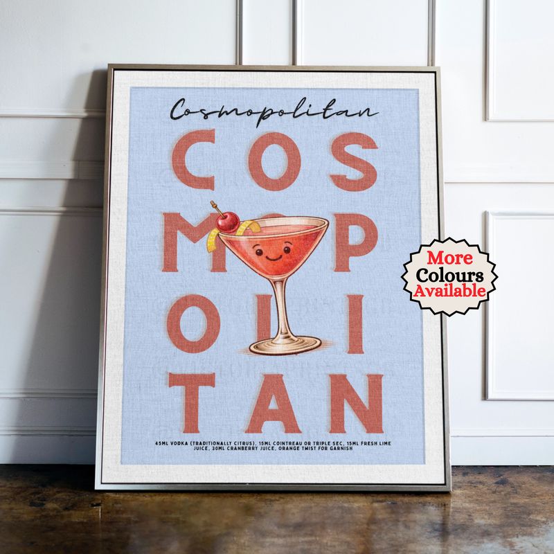 Cosmopolitan cocktail print, cherry cocktail wall art with illustrated drink and recipe, kitchen bar decor poster