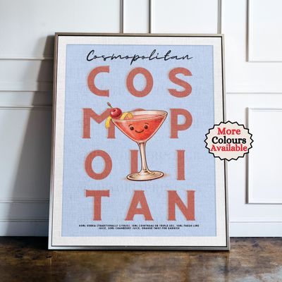 Cosmopolitan Cocktail Print Cosmopolitan cocktail print, cherry cocktail wall art with illustrated drink and recipe, kitchen bar decor poster
