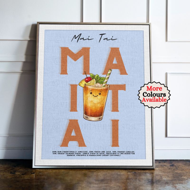 Mai Tai cocktail print, orange cocktail wall art with illustrated drink and recipe, kitchen bar decor poster