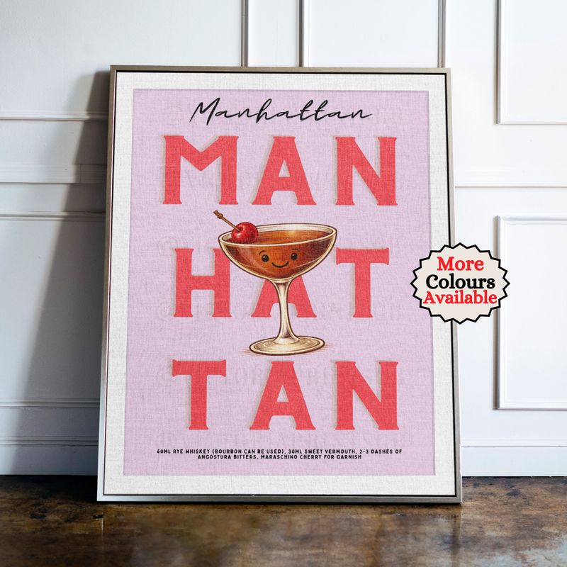 Manhattan cocktail print, cherry cocktail wall art with illustrated drink and recipe, kitchen bar decor poster