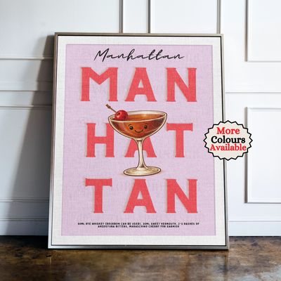 Manhattan Cocktail Print Manhattan cocktail print, cherry cocktail wall art with illustrated drink and recipe, kitchen bar decor poster