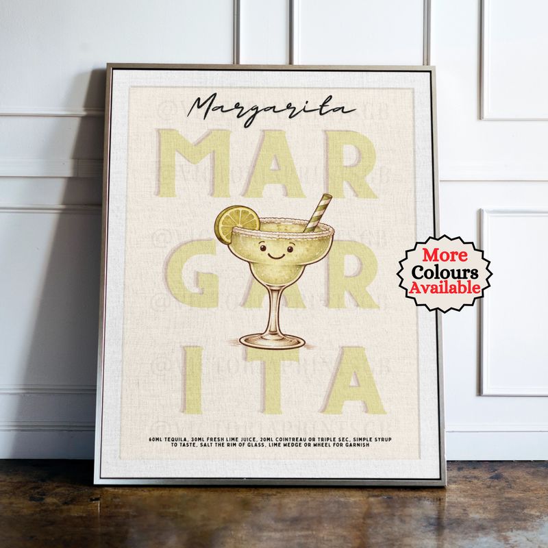 Margarita cocktail print, lime cocktail wall art with illustrated drink and recipe, kitchen bar decor poster
