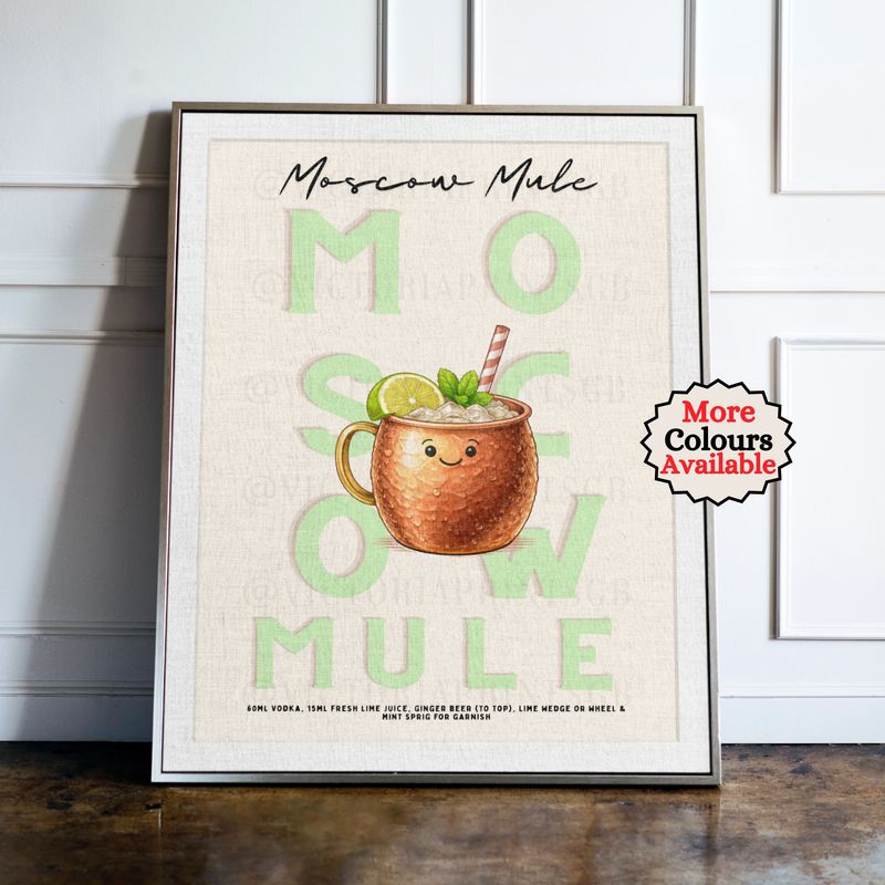 Moscow Mule cocktail print, Lime cocktail wall art with illustrated drink and recipe, kitchen bar decor poster