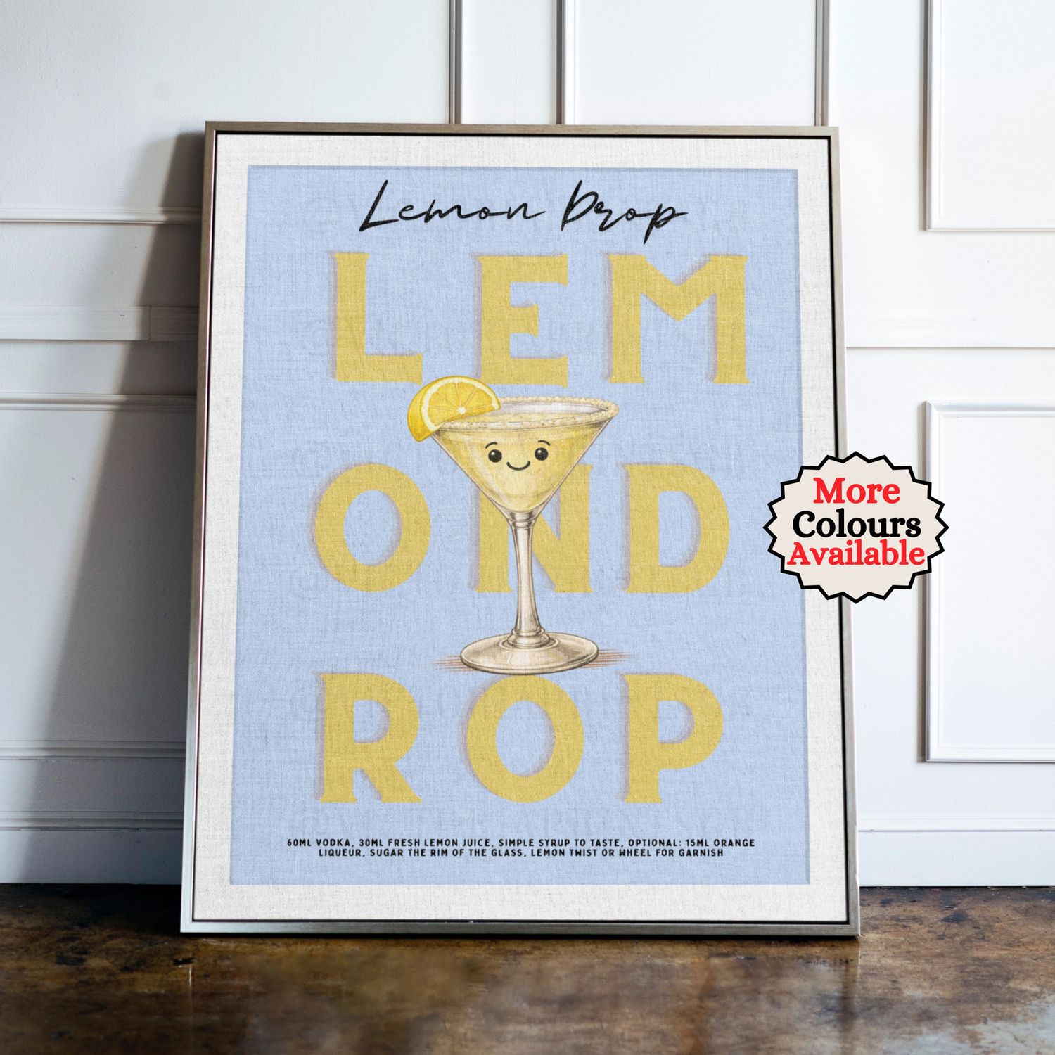 Lemon Drop Cocktail Print Lemon Drop cocktail print, lemon cocktail wall art with illustrated drink and recipe, kitchen bar decor poster