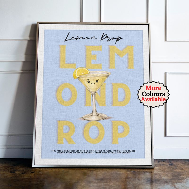 Lemon Drop cocktail print, lemon cocktail wall art with illustrated drink and recipe, kitchen bar decor poster
