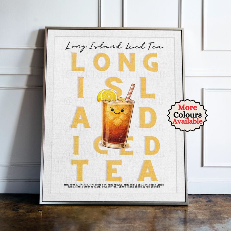 Long Island Iced Tea cocktail print, lemon cocktail wall art with illustrated drink and recipe, kitchen bar decor poster