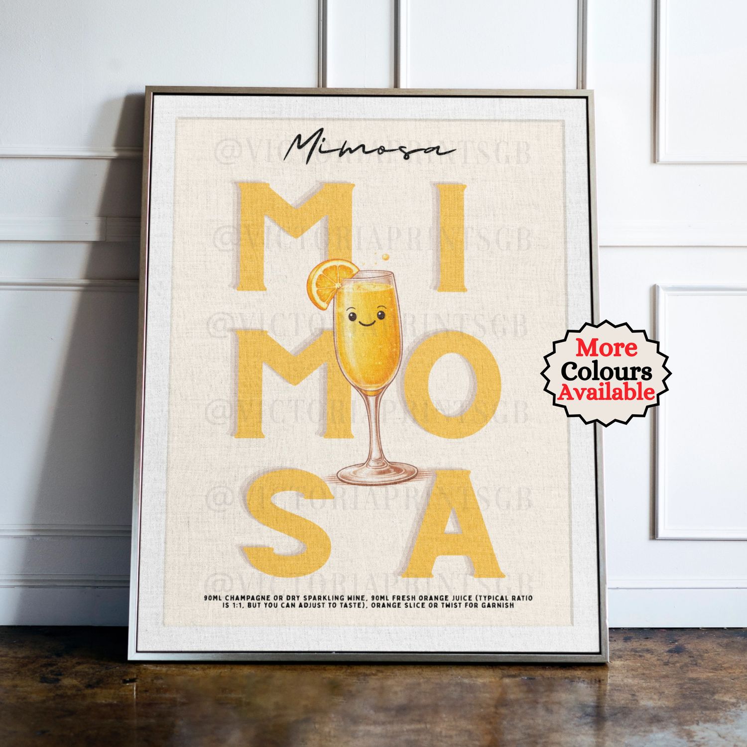 Mimosa cocktail print, orange cocktail wall art with illustrated drink and recipe, kitchen bar decor poster