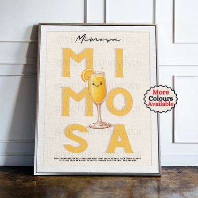 Mimosa cocktail print, orange cocktail wall art with illustrated drink and recipe, kitchen bar decor poster