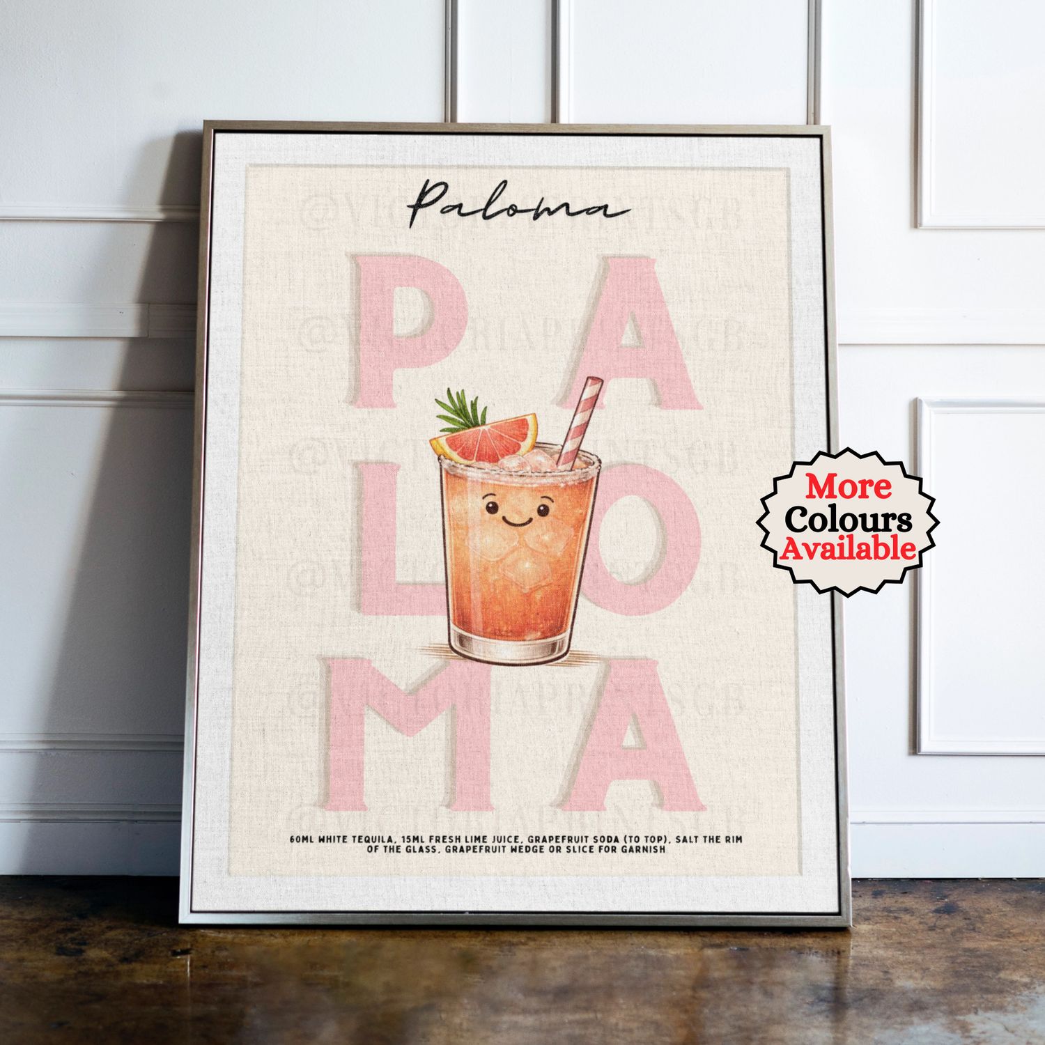 Paloma cocktail print, peach cocktail wall art with illustrated drink and recipe, kitchen bar decor poster