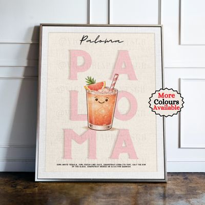 Paloma Cocktail Print Paloma cocktail print, peach cocktail wall art with illustrated drink and recipe, kitchen bar decor poster