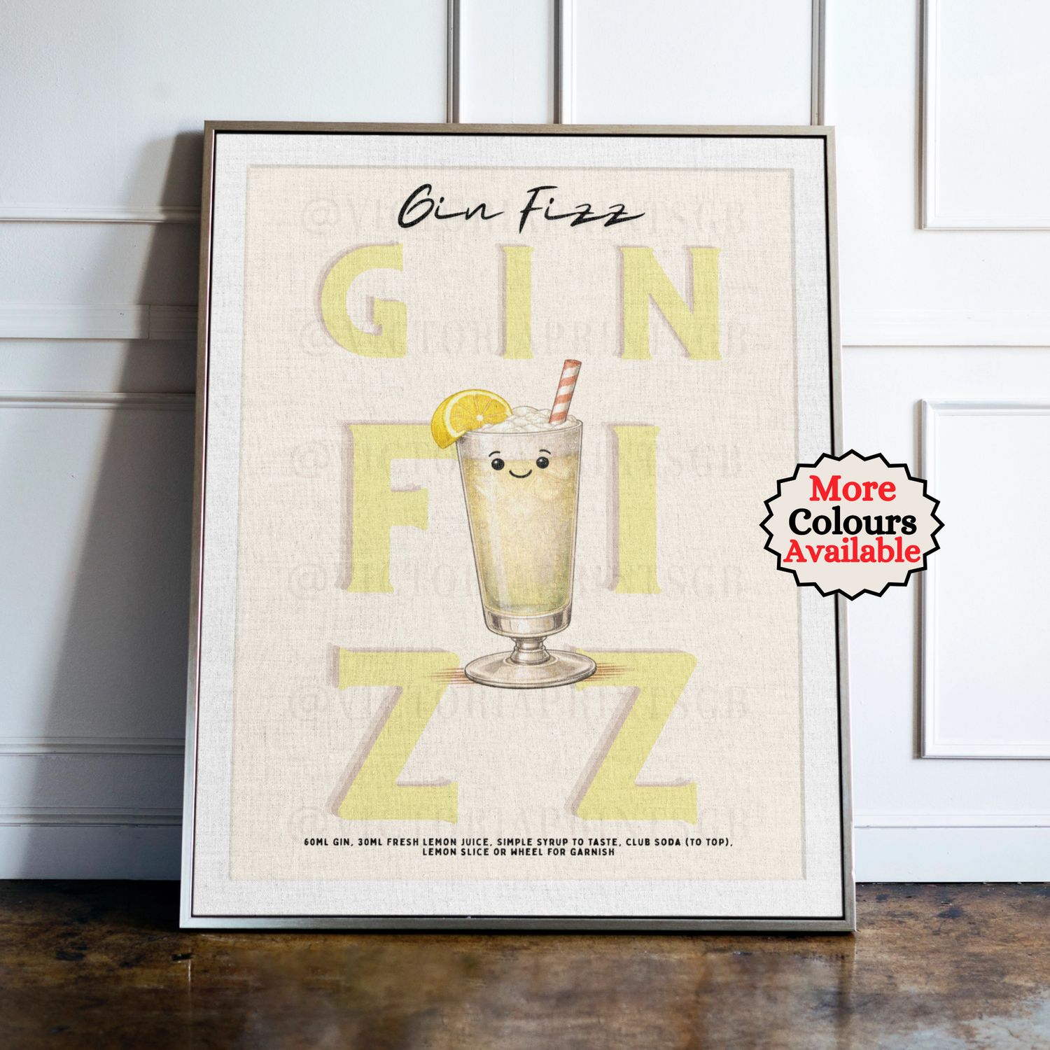 Gin Fizz Cocktail Print Gin Fizz cocktail print, lemon cocktail wall art with illustrated drink and recipe, kitchen bar decor poster