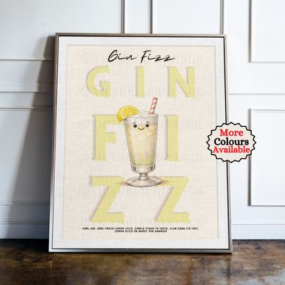 Gin Fizz  cocktail print, lemon cocktail wall art with illustrated drink and recipe, kitchen bar decor poster