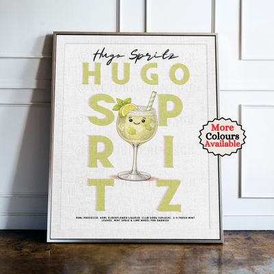 Hugo Spritz Cocktail Print Hugo Spritz cocktail print, lime cocktail wall art with illustrated drink and recipe, kitchen bar decor poster