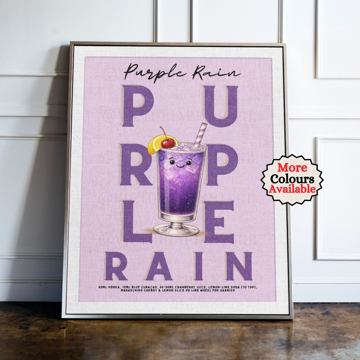 Purple Rain cocktail print, purple cocktail wall art with illustrated drink and recipe, kitchen bar decor poster