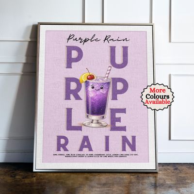 Purple Rain cocktail print, purple cocktail wall art with illustrated drink and recipe, kitchen bar decor poster