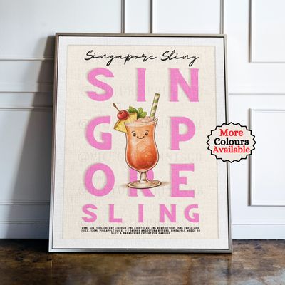 Singapore Sling Cocktail Print Singapore Sling cocktail print, cherry cocktail wall art with illustrated drink and recipe, kitchen bar decor poster