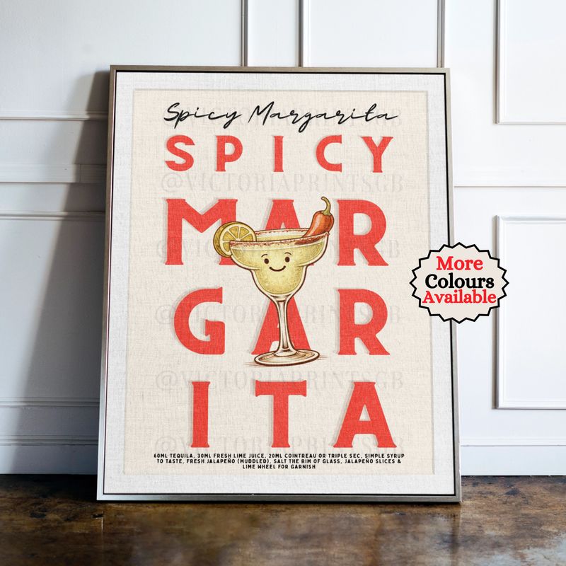 Spicy Margarita cocktail print, lime cocktail wall art with illustrated drink and recipe, kitchen bar decor poster