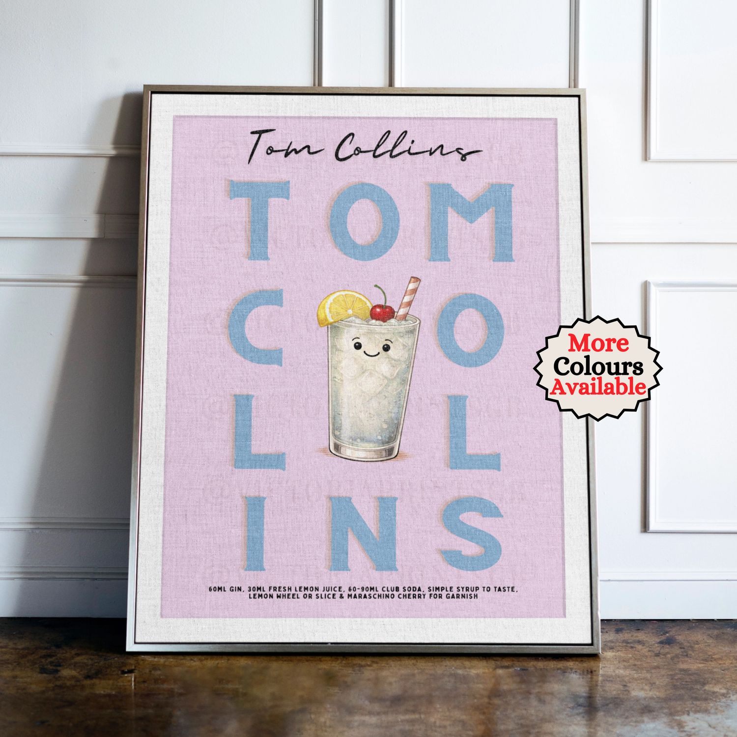 Tom Collins Cocktail Print Tom Collins cocktail print, lemon cocktail wall art with illustrated drink and recipe, kitchen bar decor poster
