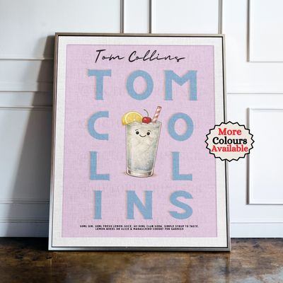 Tom Collins Cocktail Print Tom Collins cocktail print, lemon cocktail wall art with illustrated drink and recipe, kitchen bar decor poster
