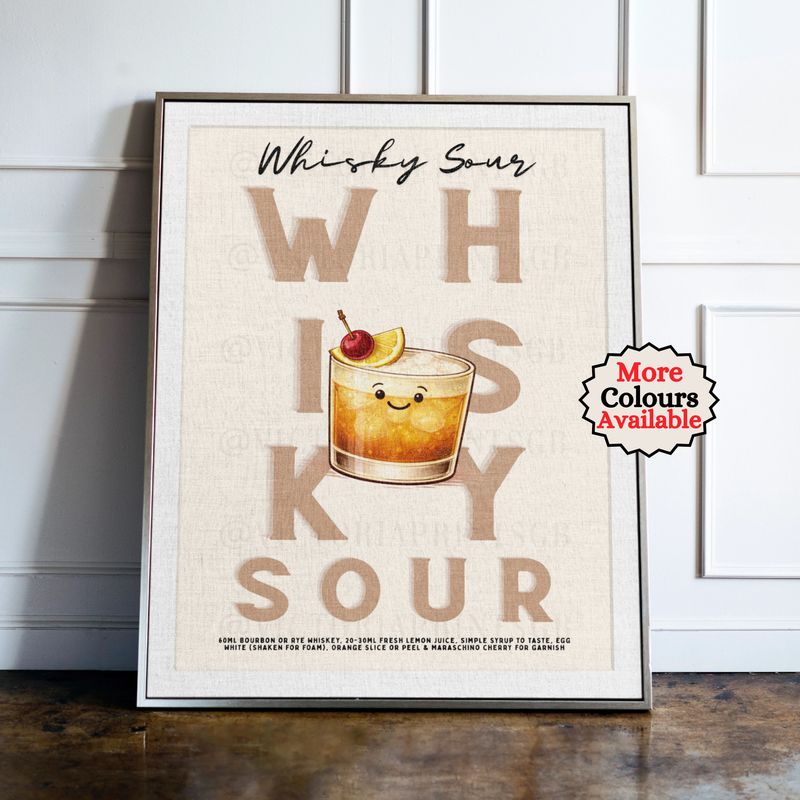 Whisky Sour cocktail print, lemon cocktail wall art with illustrated drink and recipe, kitchen bar decor poster