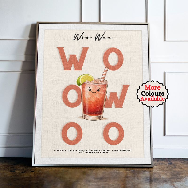 Woo Woo cocktail print, peach cocktail wall art with illustrated drink and recipe, kitchen bar decor poster