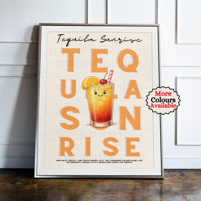 Tequila Sunrise cocktail print, orange cocktail wall art with illustrated drink and recipe, kitchen bar decor poster