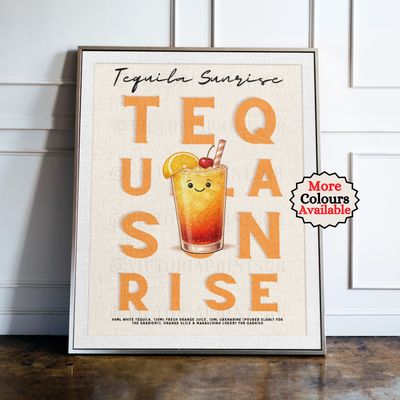 Tequila Sunrise cocktail print, orange cocktail wall art with illustrated drink and recipe, kitchen bar decor poster