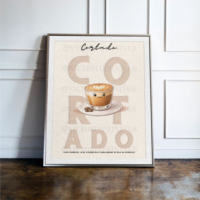 Cortado print, Coffee wall art with illustrated drink and recipe, kitchen decor poster