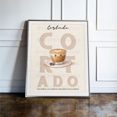 Cortado print, Coffee wall art with illustrated drink and recipe, kitchen decor poster