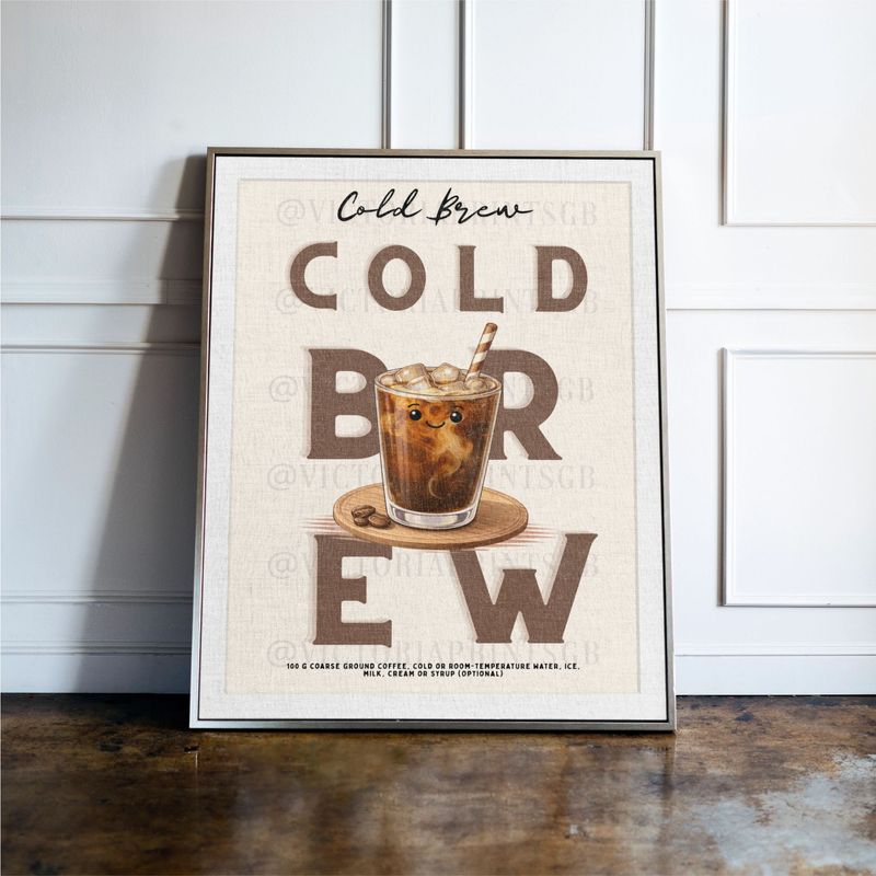 Cold Brew print, Coffee wall art with illustrated drink and recipe, kitchen decor poster