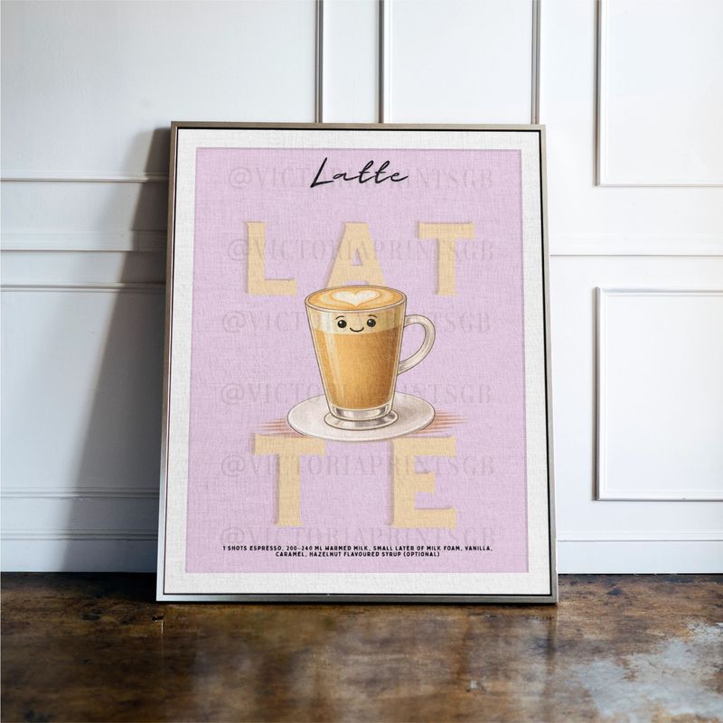 Latte print, Coffee wall art with illustrated drink and recipe, kitchen decor poster