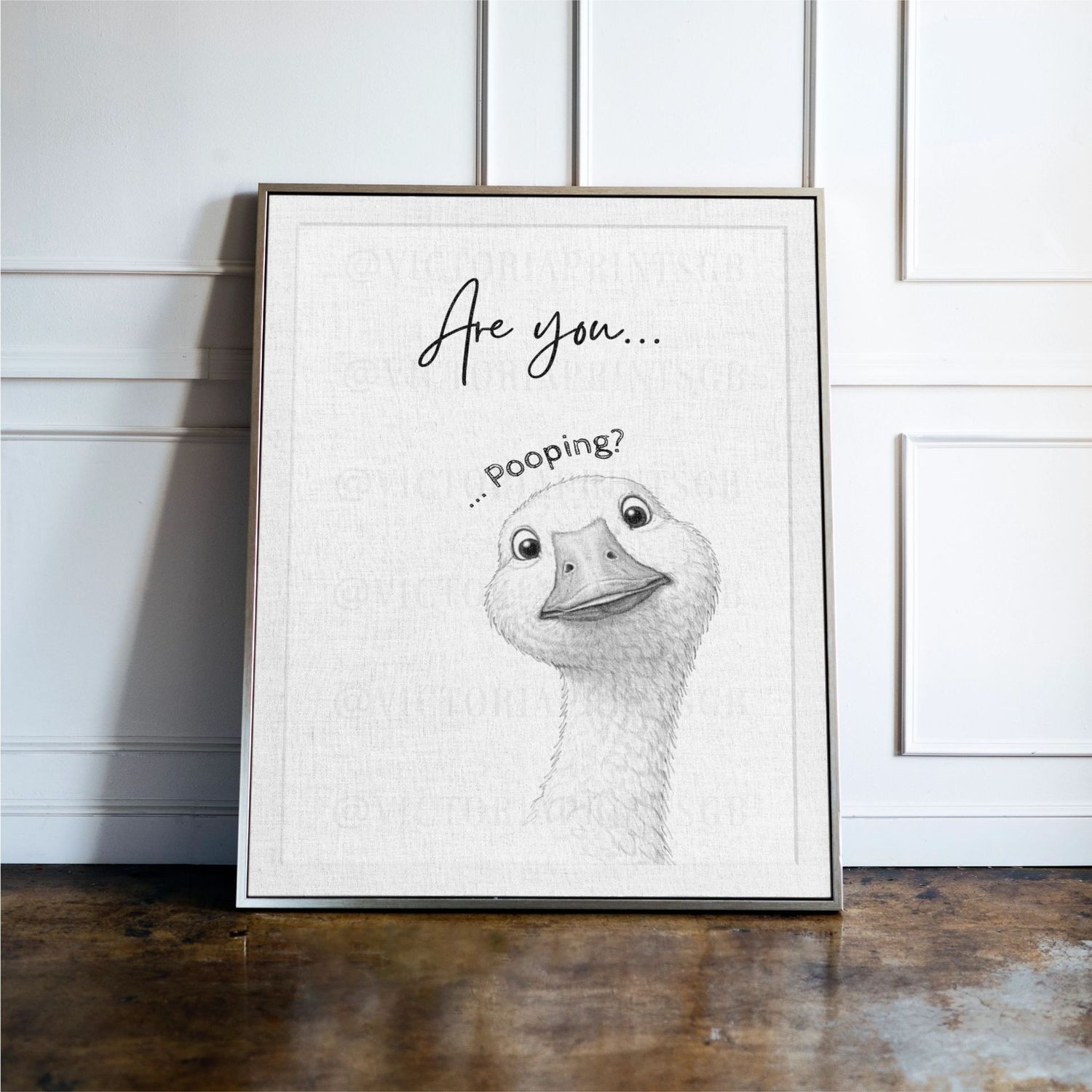 Funny goose bathroom wall art print with text “Are you pooping”, minimalist rustic farmhouse animal toilet decor 