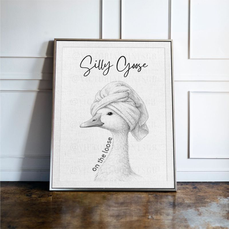 Silly goose bathroom wall art with towel wrap, funny spa themed animal print