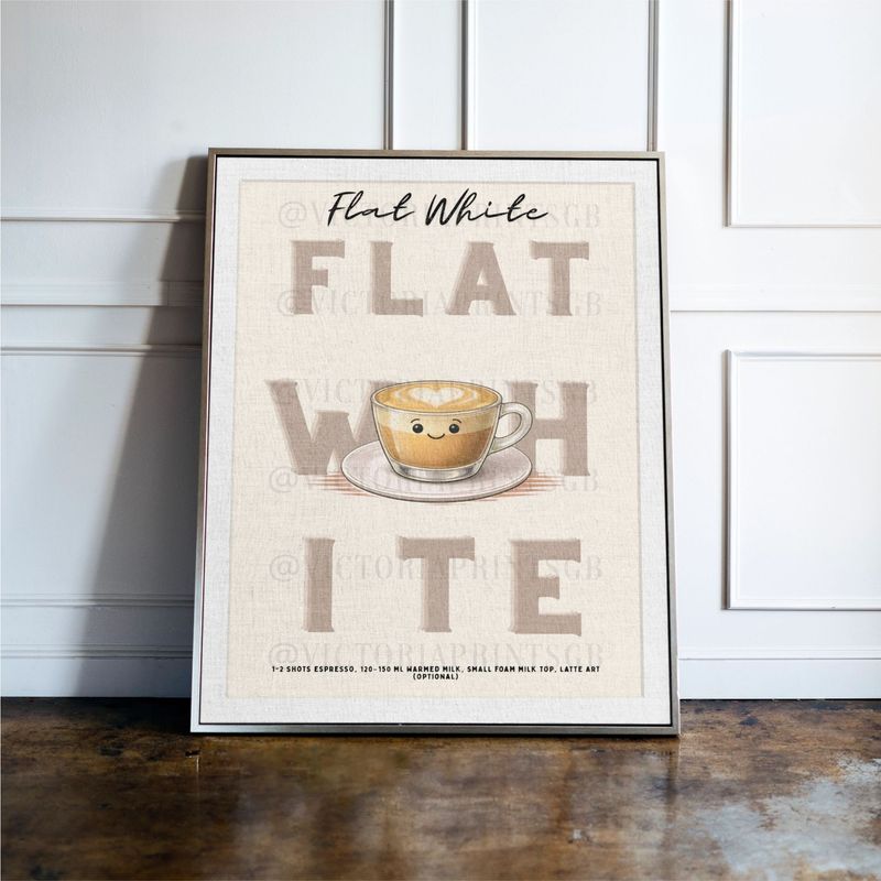 Flat White print, Coffee wall art with illustrated drink and recipe, kitchen decor poster