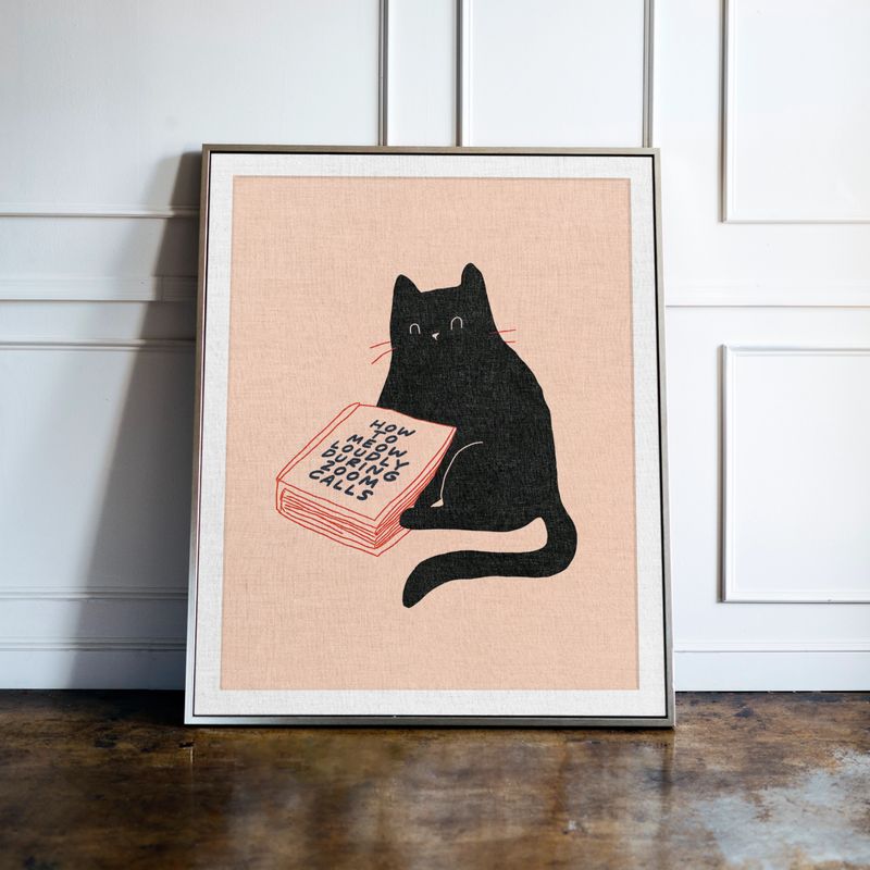Black Cat Reading Print, Pink Bookish Wall Art