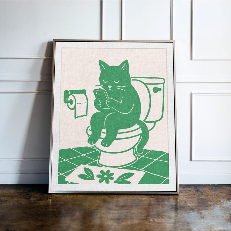Cat On The Toilet, Green Bathroom Print